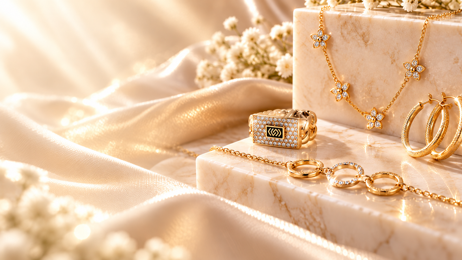 Mi Ciela Jewelry collection featuring gold rings, floral necklaces and heart pendants